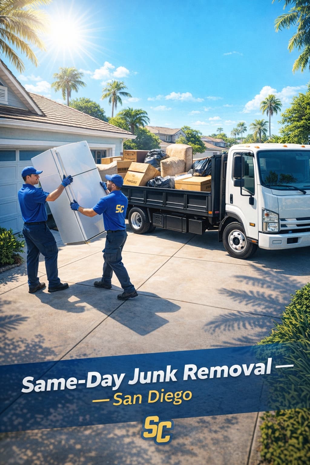 Sunny Coast Junk Removal social media post showing crew loading junk into a truck in a sunny San Diego neighborhood
