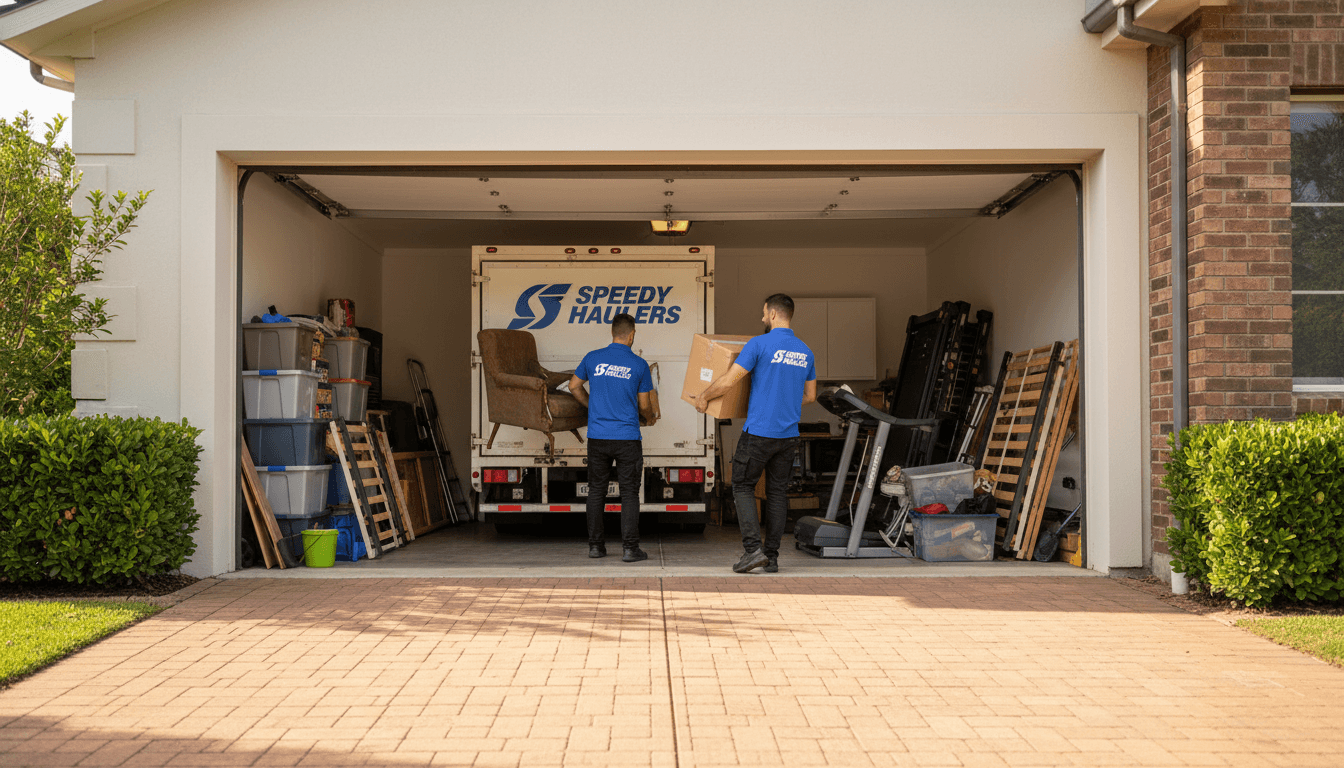 Professional junk removal crew loading furniture and boxes into a truck in a San Diego residential garage
