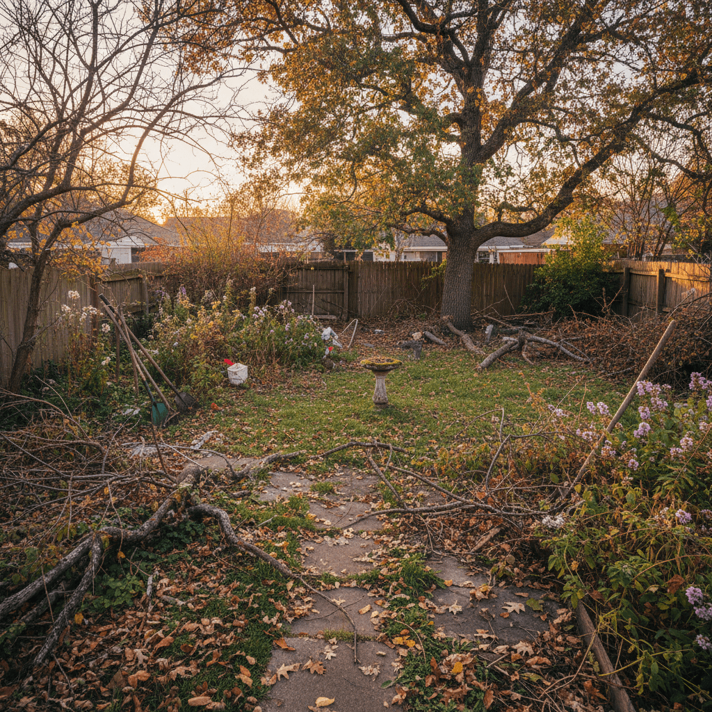 Overgrown yard with branches and debris needing cleanup