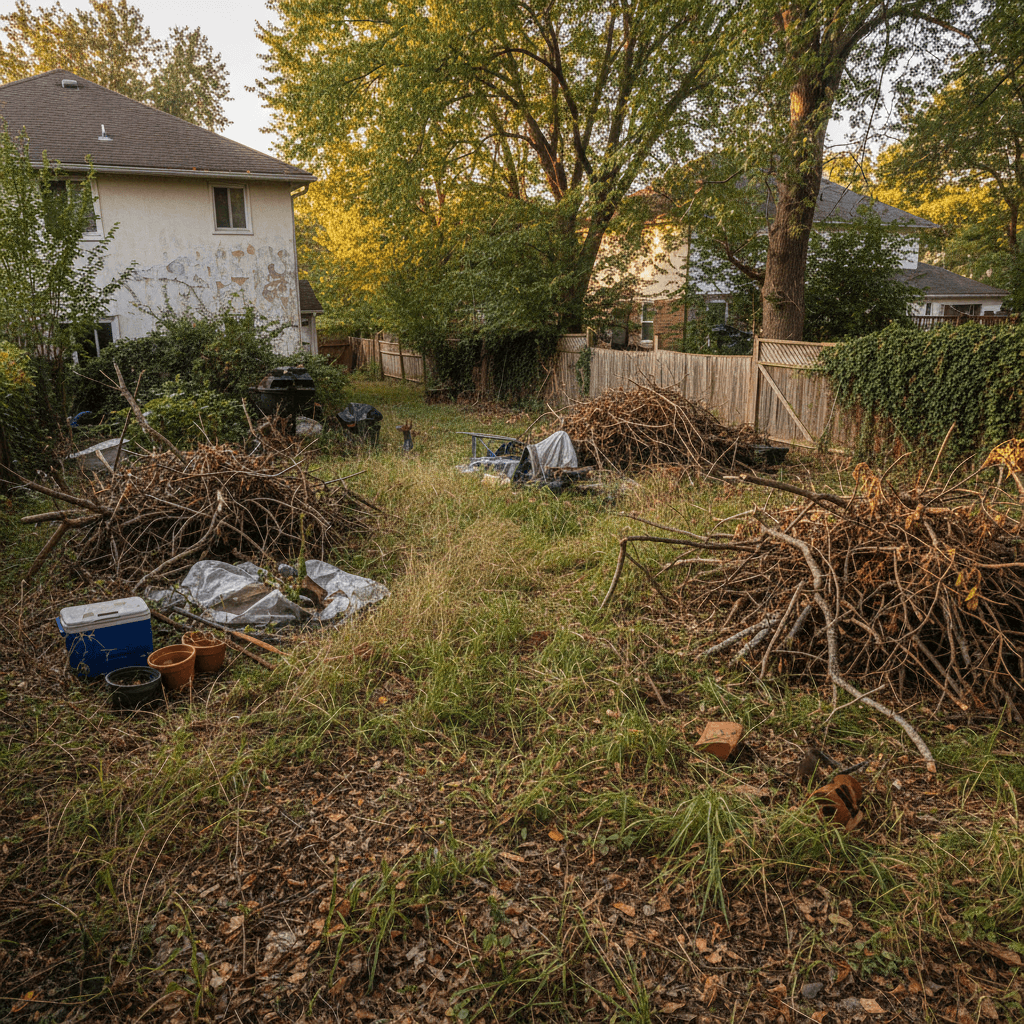 Overgrown yard with branches and debris before cleanup