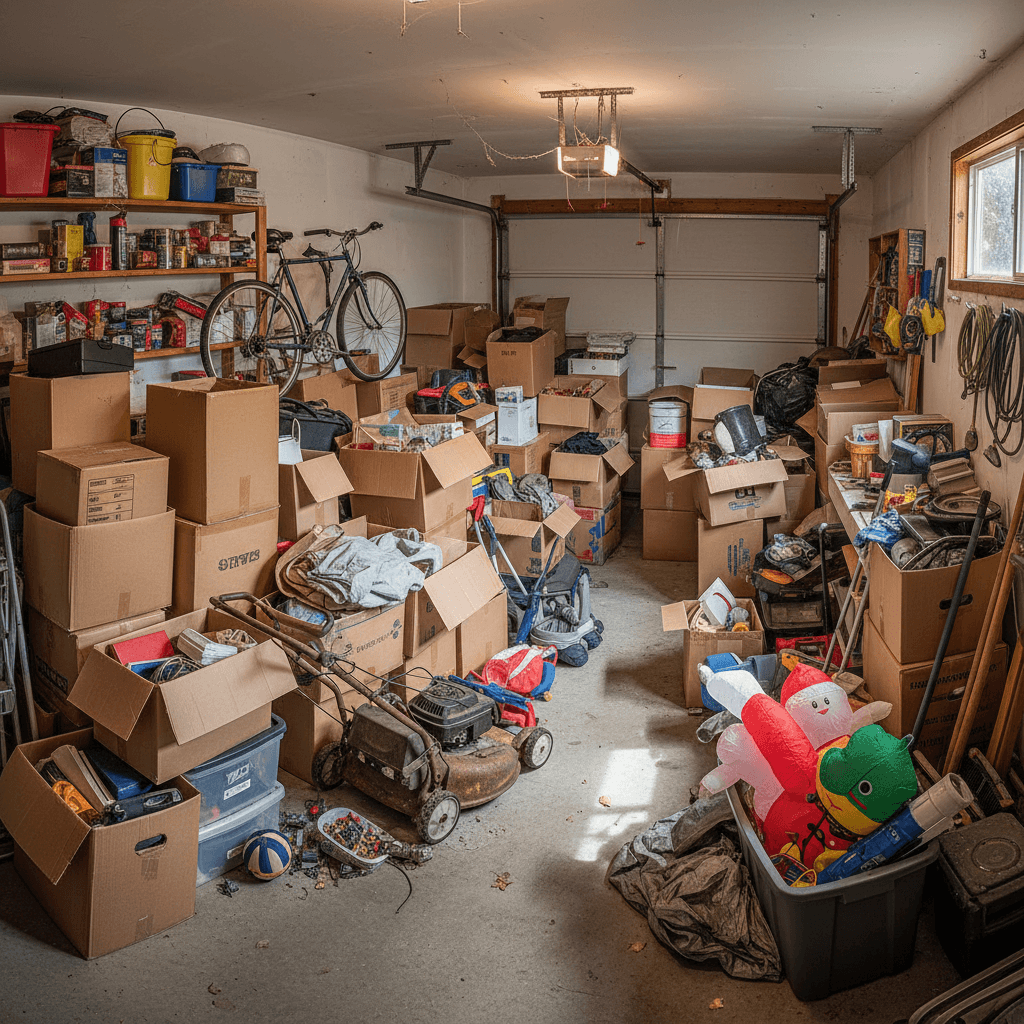 Cluttered garage before cleanup