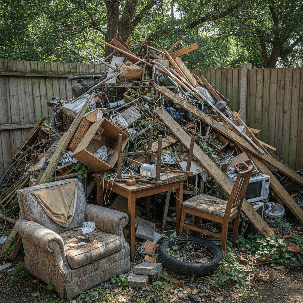 Cluttered yard corner with mixed debris and waste