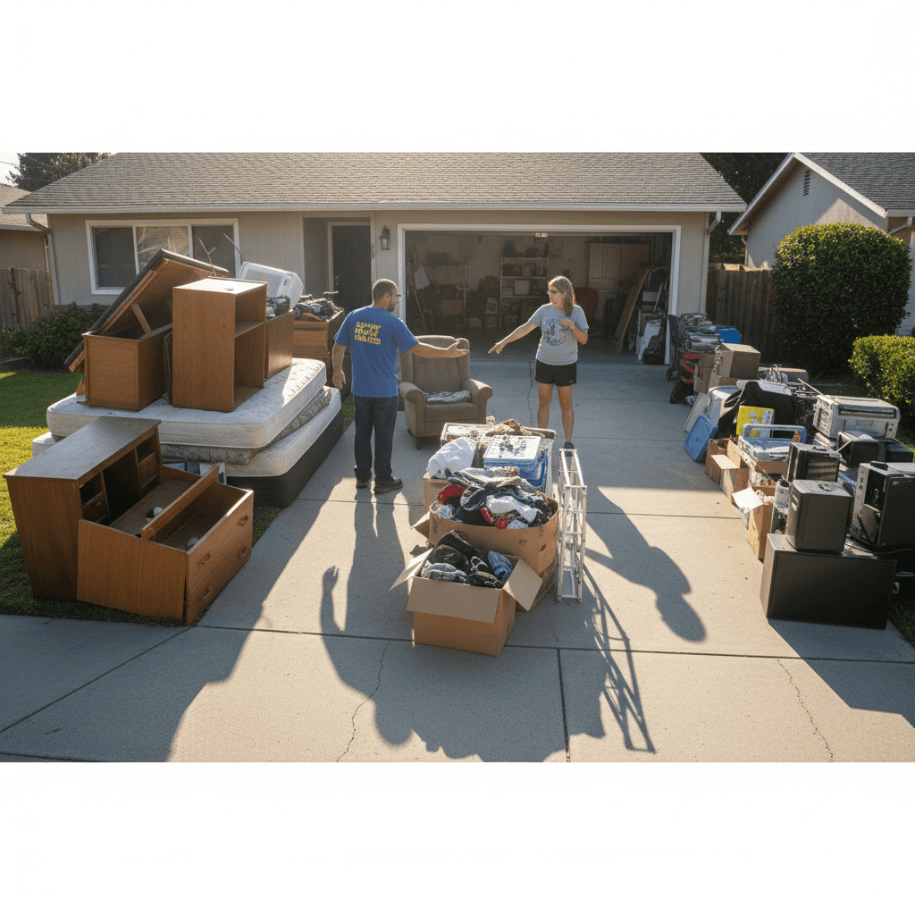 Residential junk removal staging with multiple furniture items and household goods organized in driveway