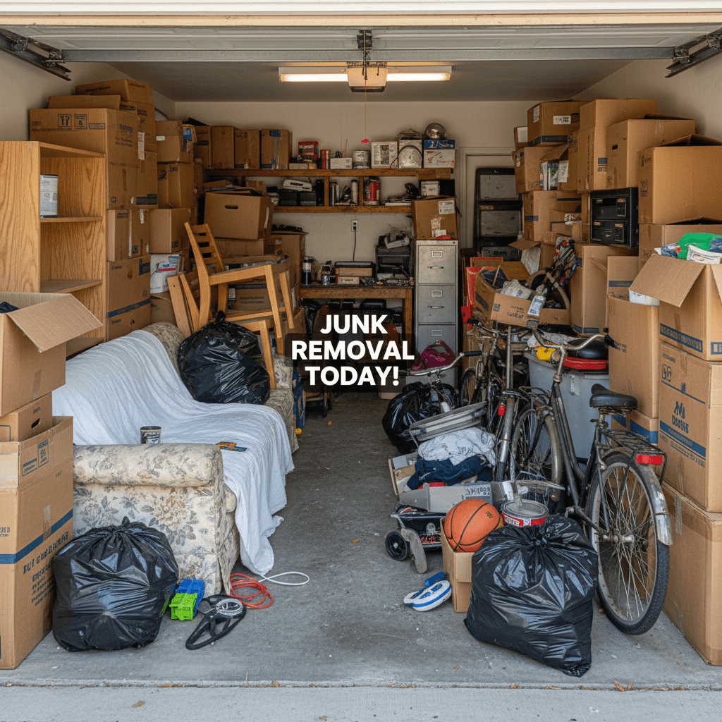 Cluttered residential garage before junk removal