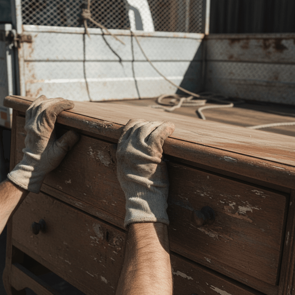 Close-up of crew hands loading wooden dresser furniture onto removal truck