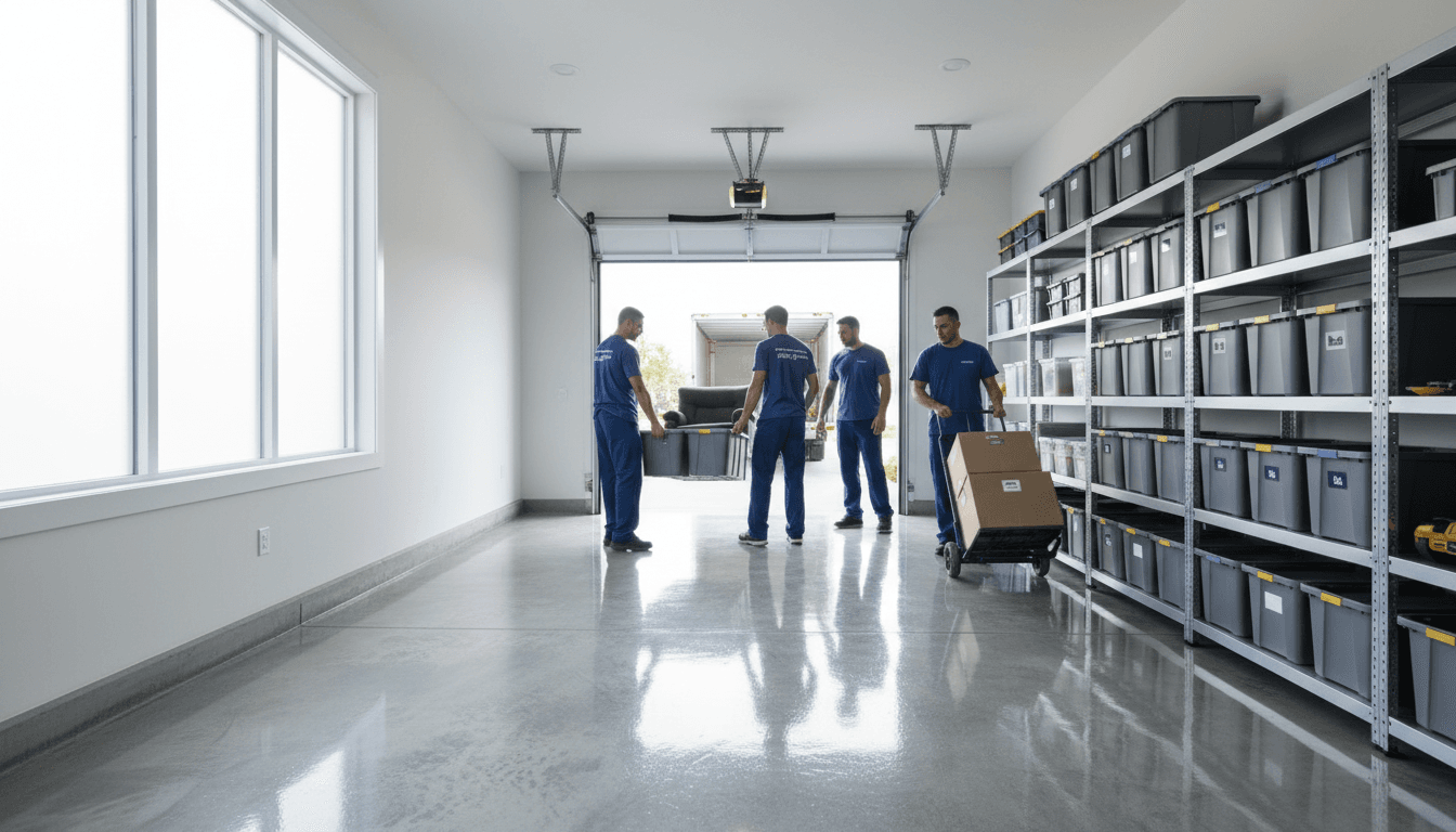 Professional junk removal crew efficiently clearing a garage with organized workflow