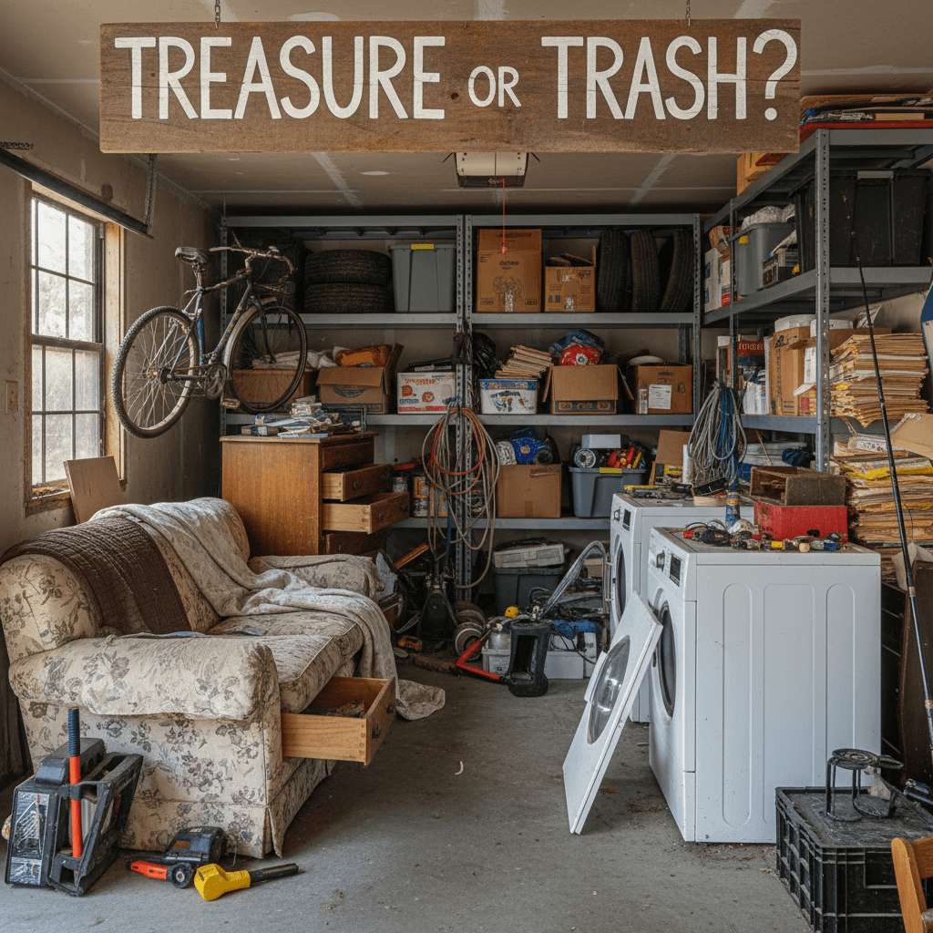 Garage full of furniture and appliances ready for removal