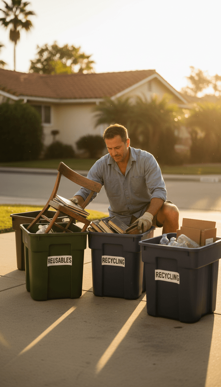 Crew member sorting junk items into recycling and reuse bins