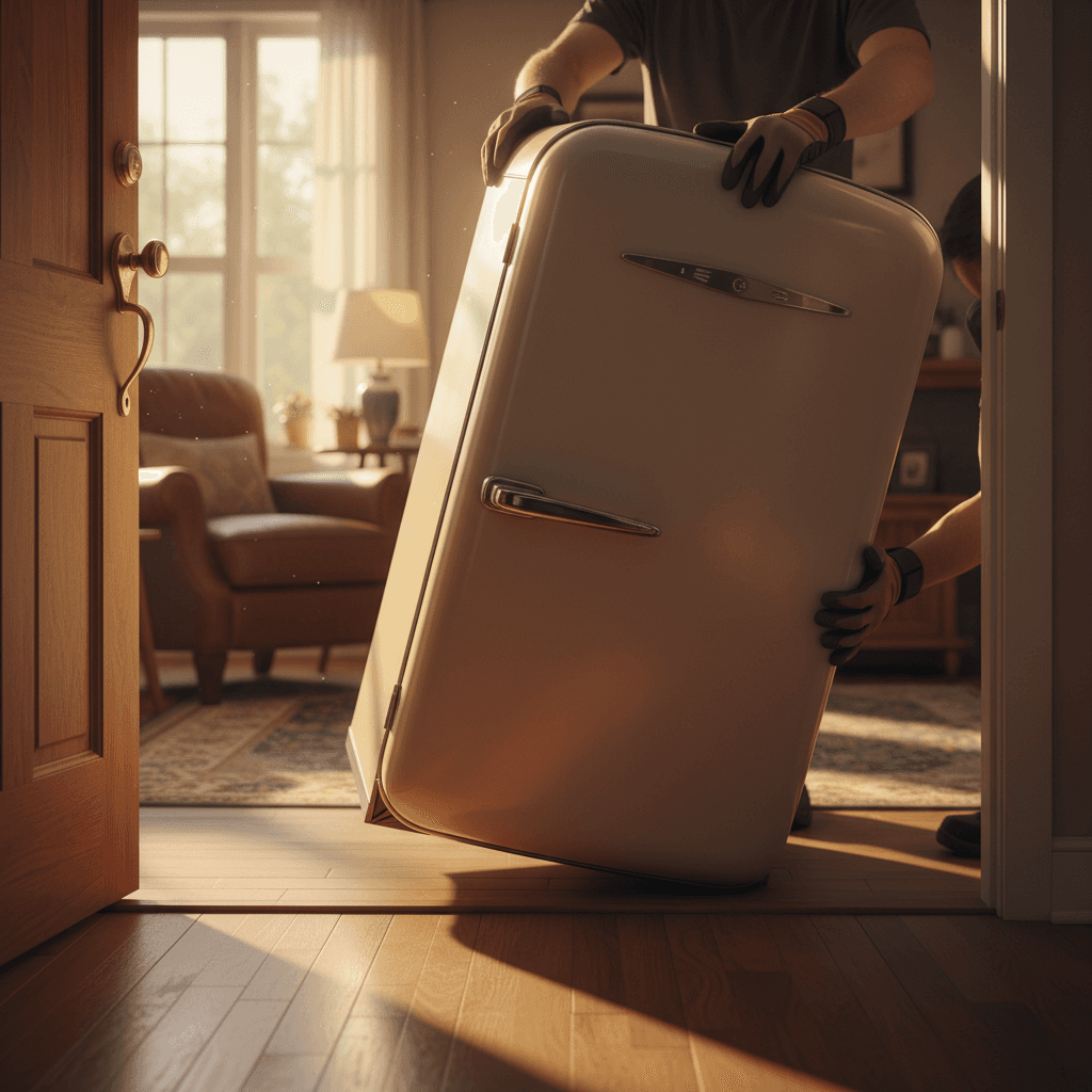 Crew members carefully moving large appliance through residential doorway