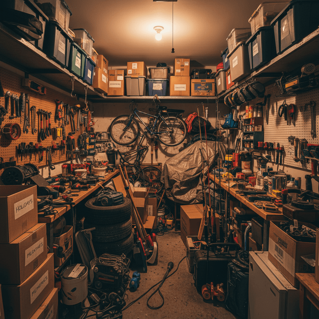 Cluttered garage before clean out