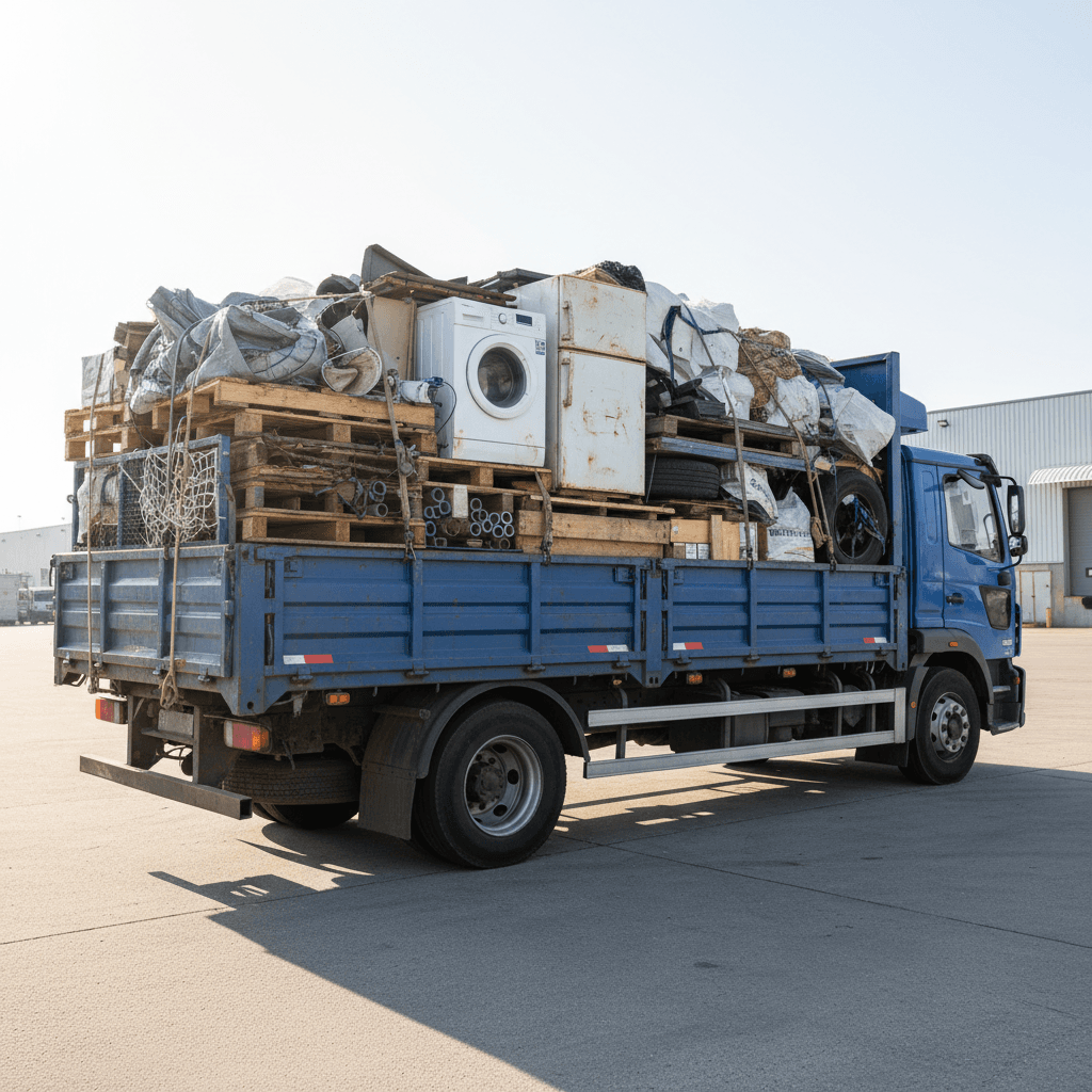Fully loaded junk removal truck bed showing organized hauling of multiple items