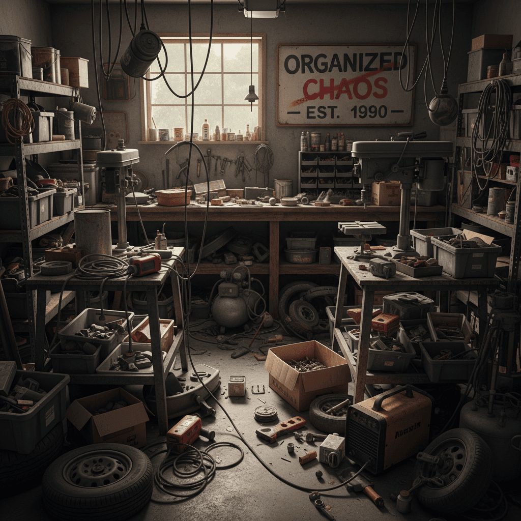 Disorganized garage before professional cleanout
