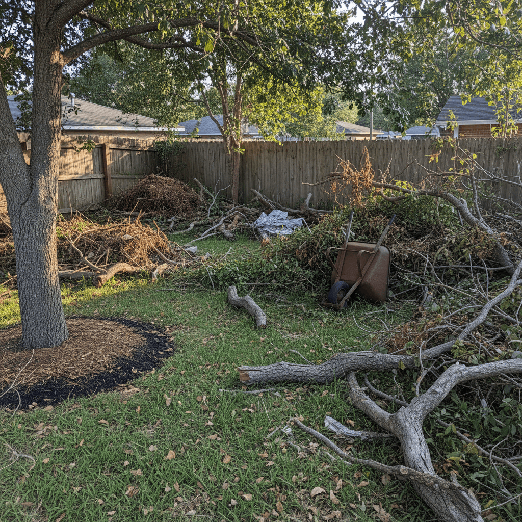 Yard cluttered with tree branches and yard waste before clearing