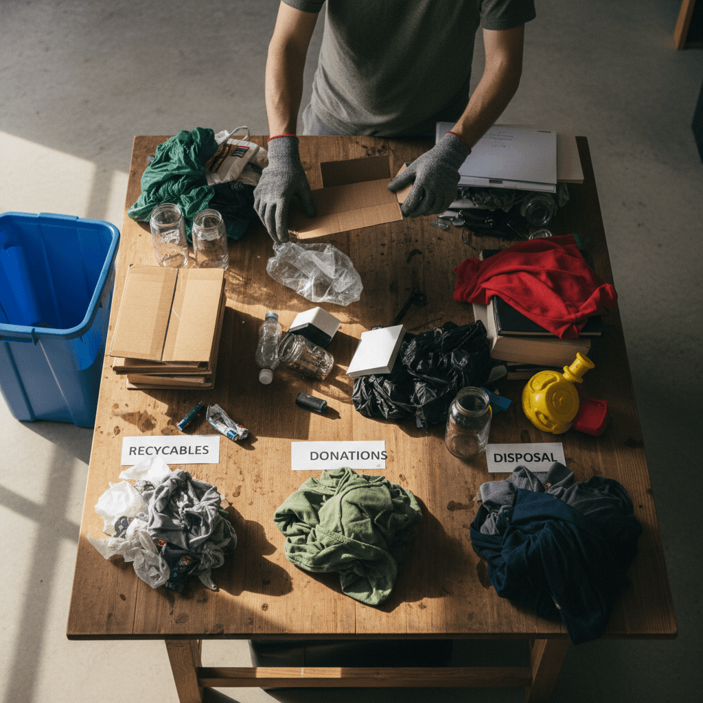 Hands sorting household items for junk removal