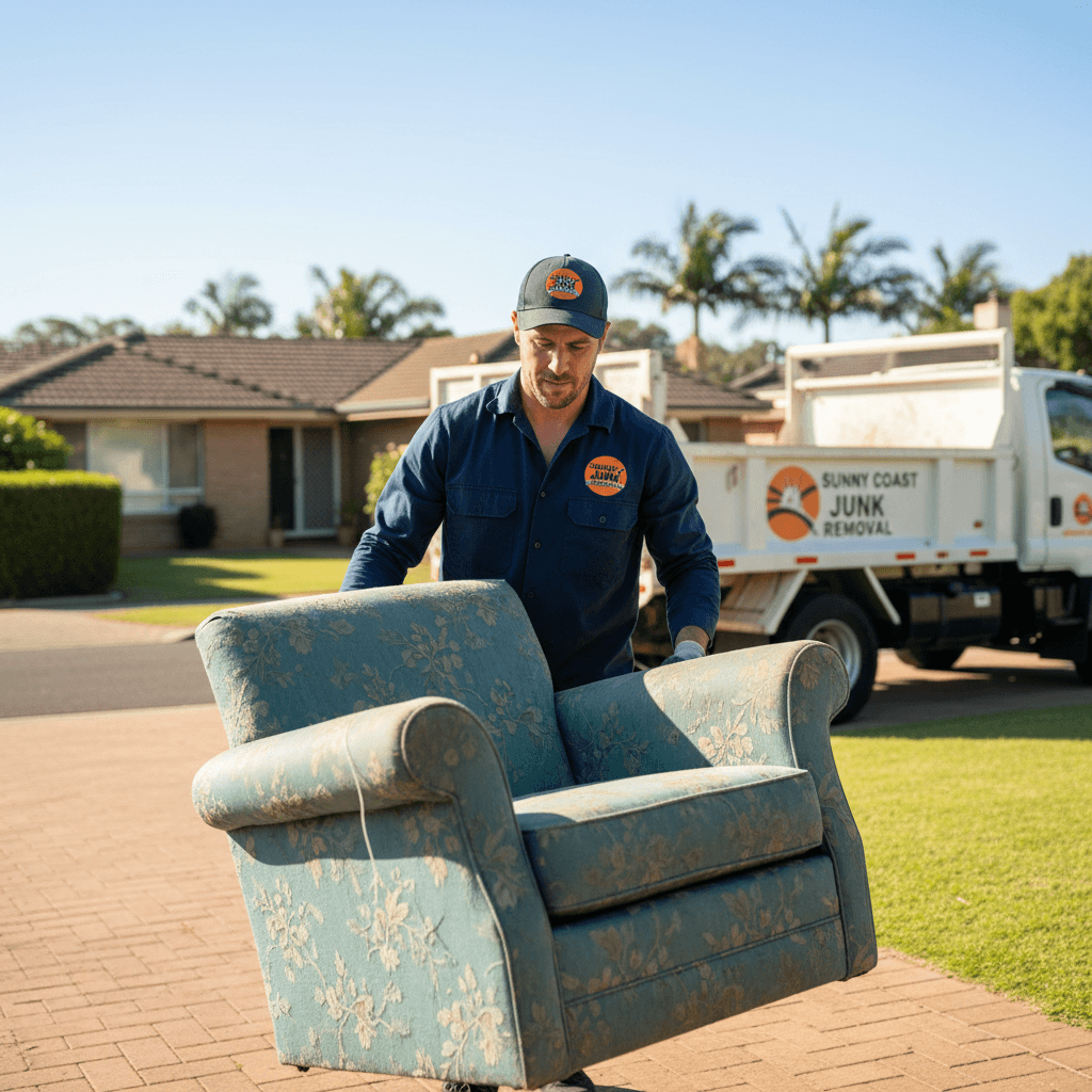 A fresh, accessible lifestyle aesthetic close-up shot of a Sunny Coast Junk Removal worker carrying a worn upholstered armchair or single piece of furniture down a residential driveway toward an open truck.