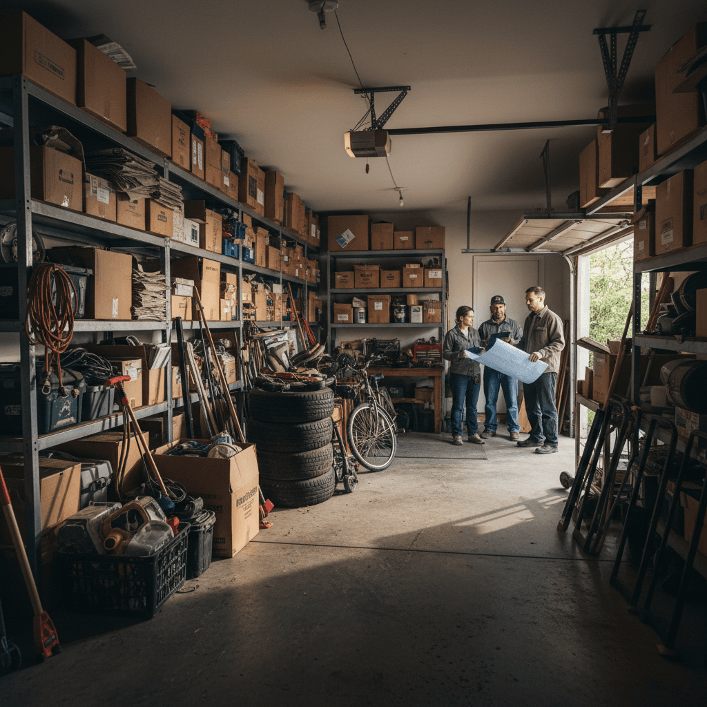 Interior garage space packed with boxes, tools, and clutter before professional removal