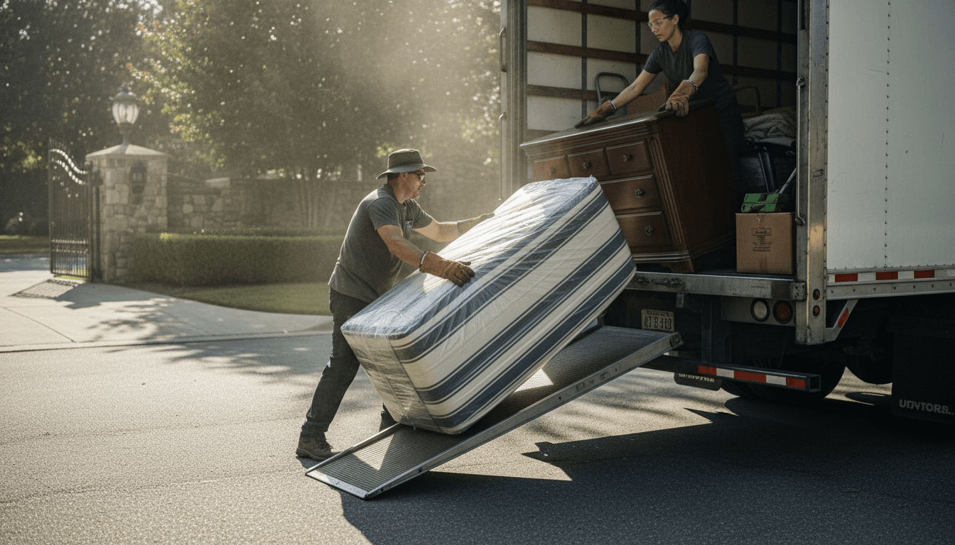 Junk removal crew efficiently loading furniture into truck