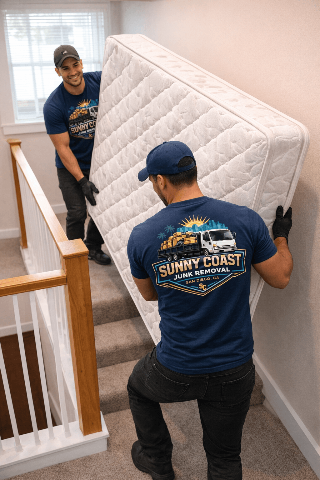 Two professional movers in branded shirts carry a large white mattress down a carpeted staircase.
