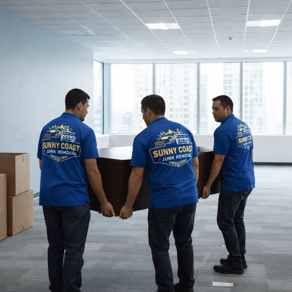 Three Sunny Coast Junk Removal workers carry a large wooden desk in a bright office.