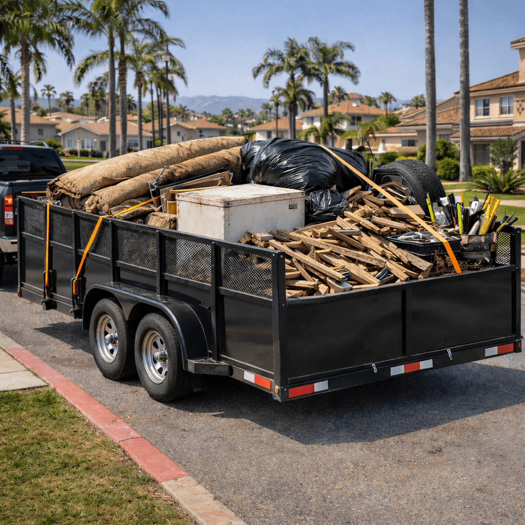 Black utility trailer overflowing with construction debris and trash bags on a sunny suburban street.