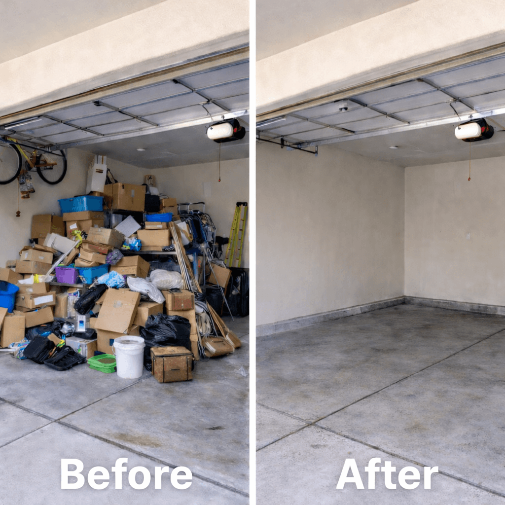 Side-by-side comparison of a cluttered garage before and a clean, empty garage after.