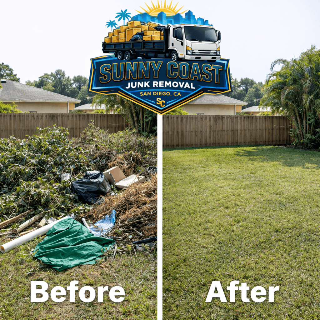 Before and after comparison of a backyard cleared of debris by Sunny Coast Junk Removal.
