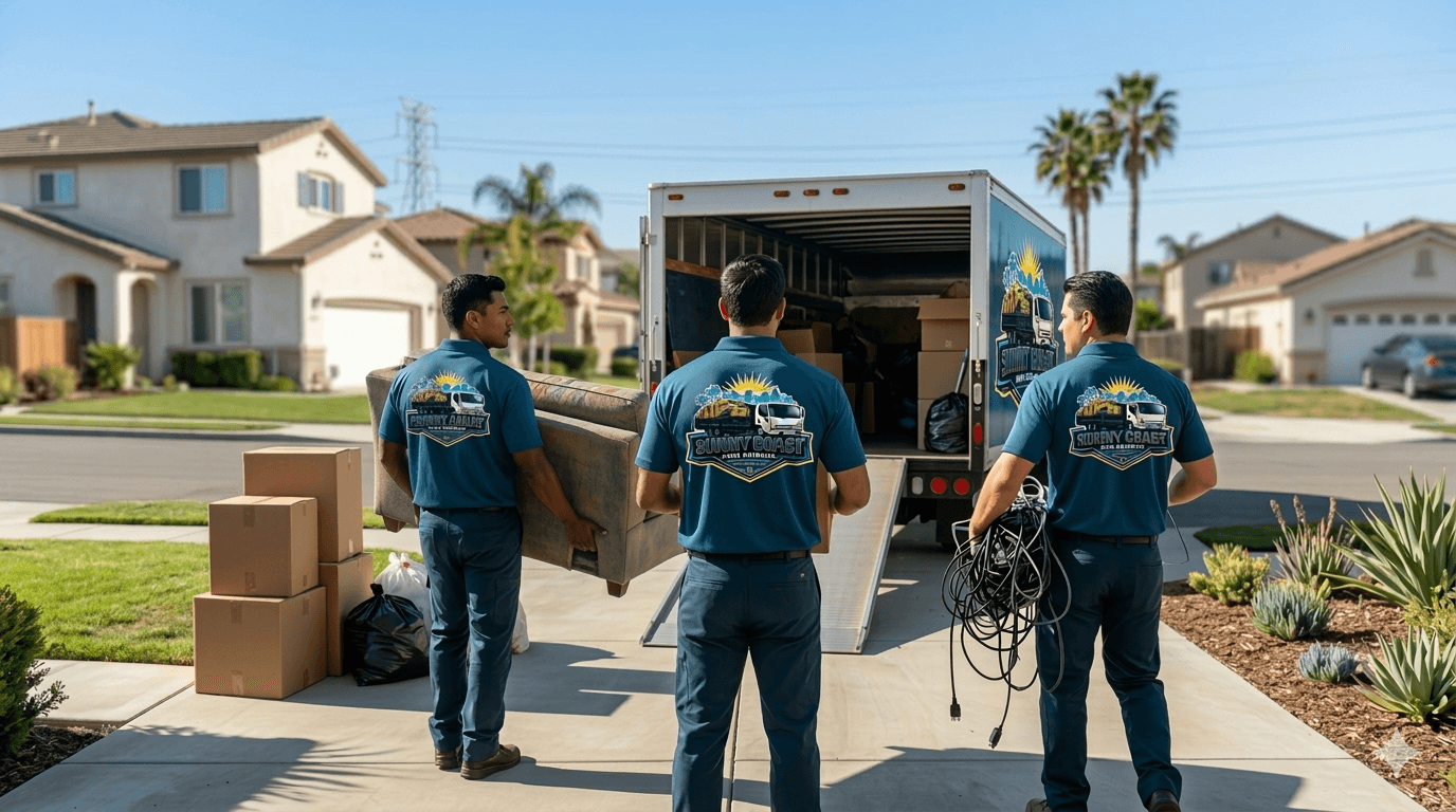 Three movers in blue uniforms load furniture and boxes into a truck in a driveway.