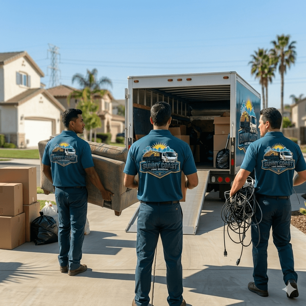 Three movers in blue uniforms loading furniture into a truck in a sunny suburban neighborhood.